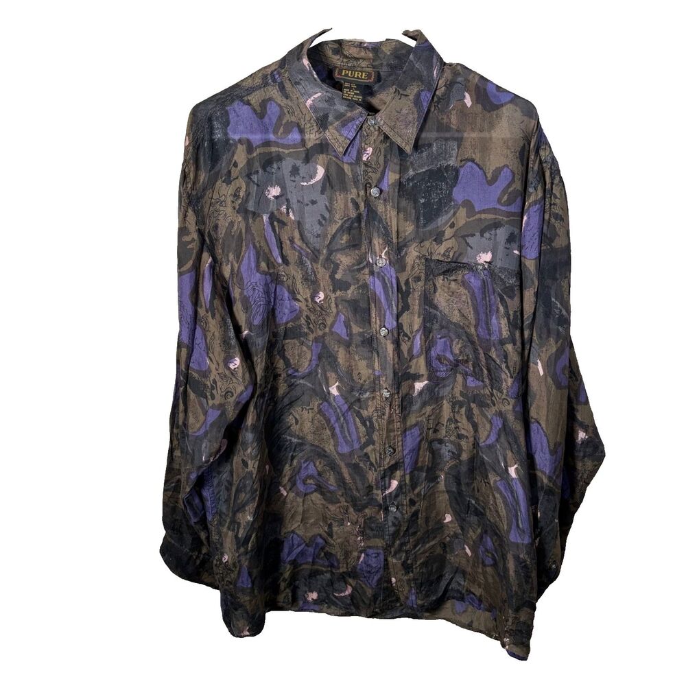 Pure Shirt Men's Large 100% Silk Printed Artsy Button Down Long Sleeve